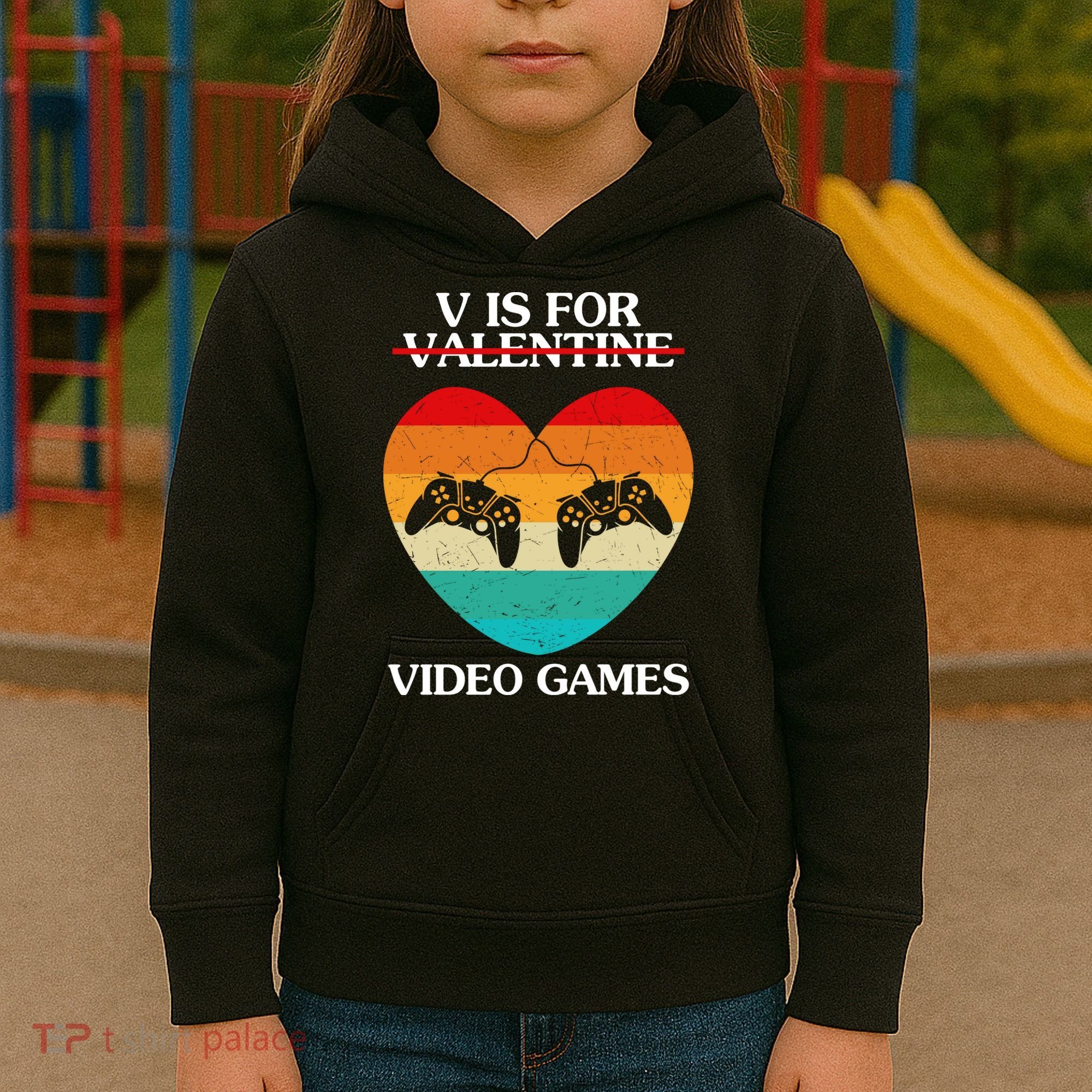 V Is For Valentine Video Games Retro Sunset Heart Kids Hoodie