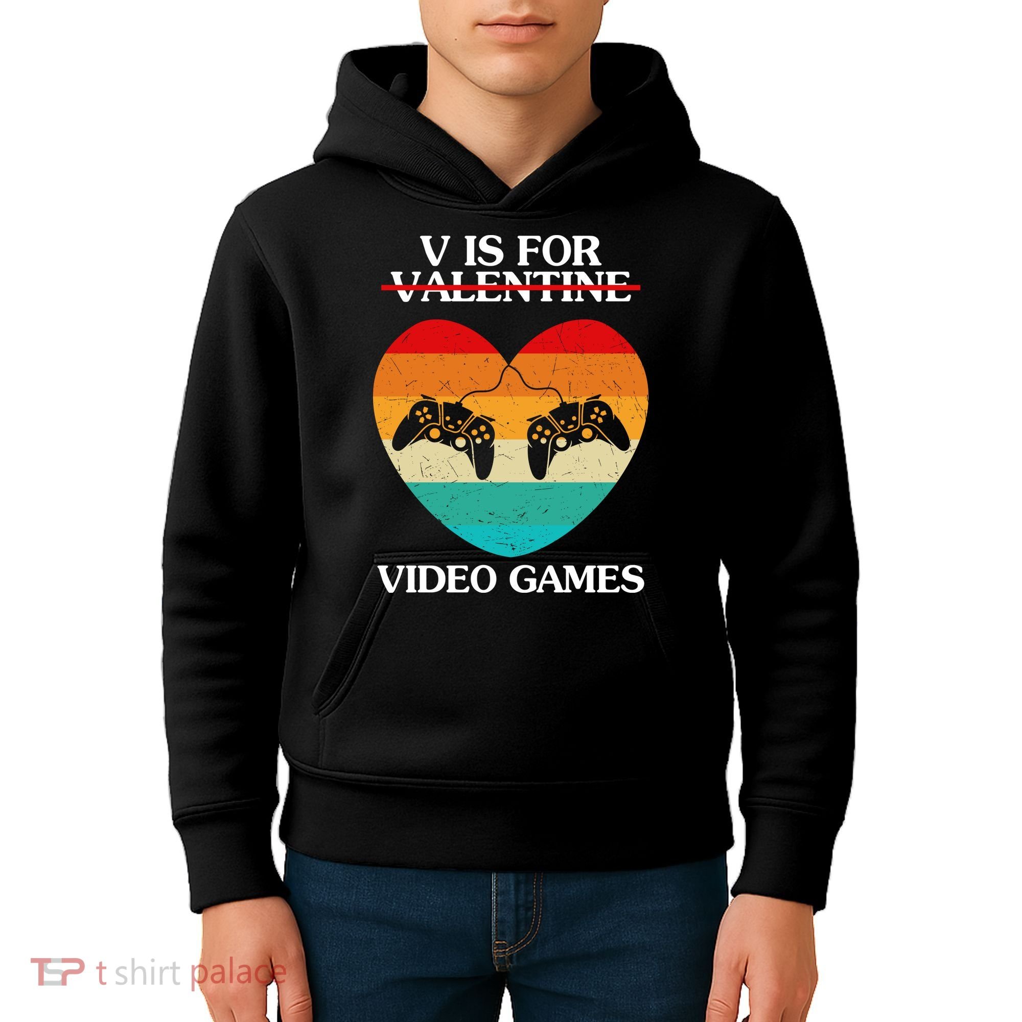 V Is For Valentine Video Games Retro Sunset Heart Kids Hoodie