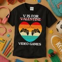 V Is For Valentine Video Games Retro Sunset Heart Kids T-Shirt thumb 3