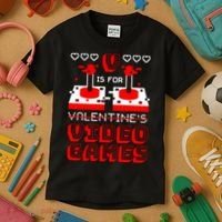 V Is For Valentine's Day Funny Video Game Gamer Kids T-Shirt thumb 3