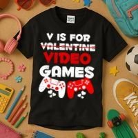 V Is For Video Games Funny Valentines Day Gamer Kids T-Shirt thumb 3