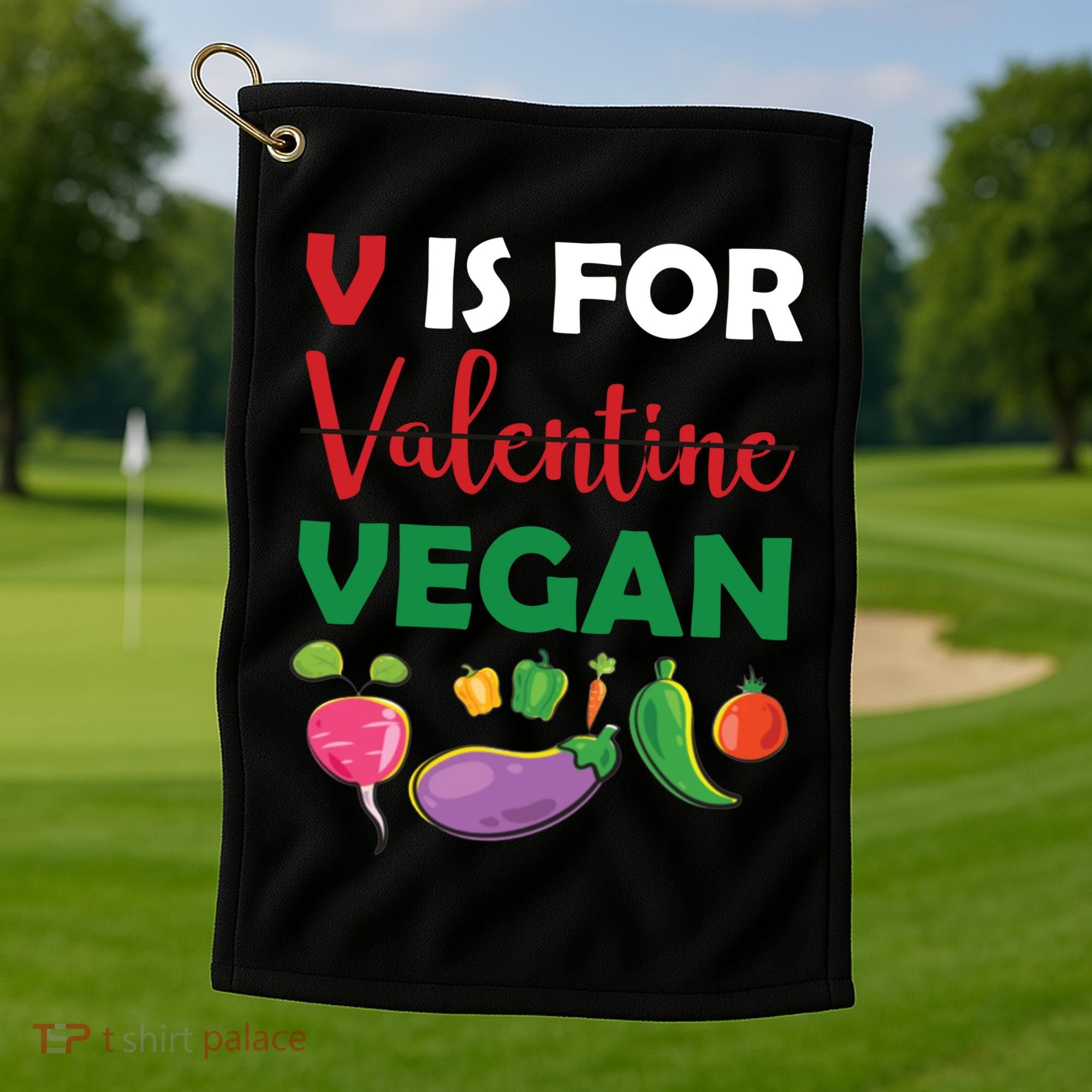 V Is For Vegan Funny Valentines Day Golf Towel