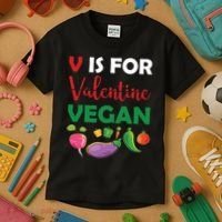 V Is For Vegan Funny Valentines Day Kids T-Shirt thumb 3
