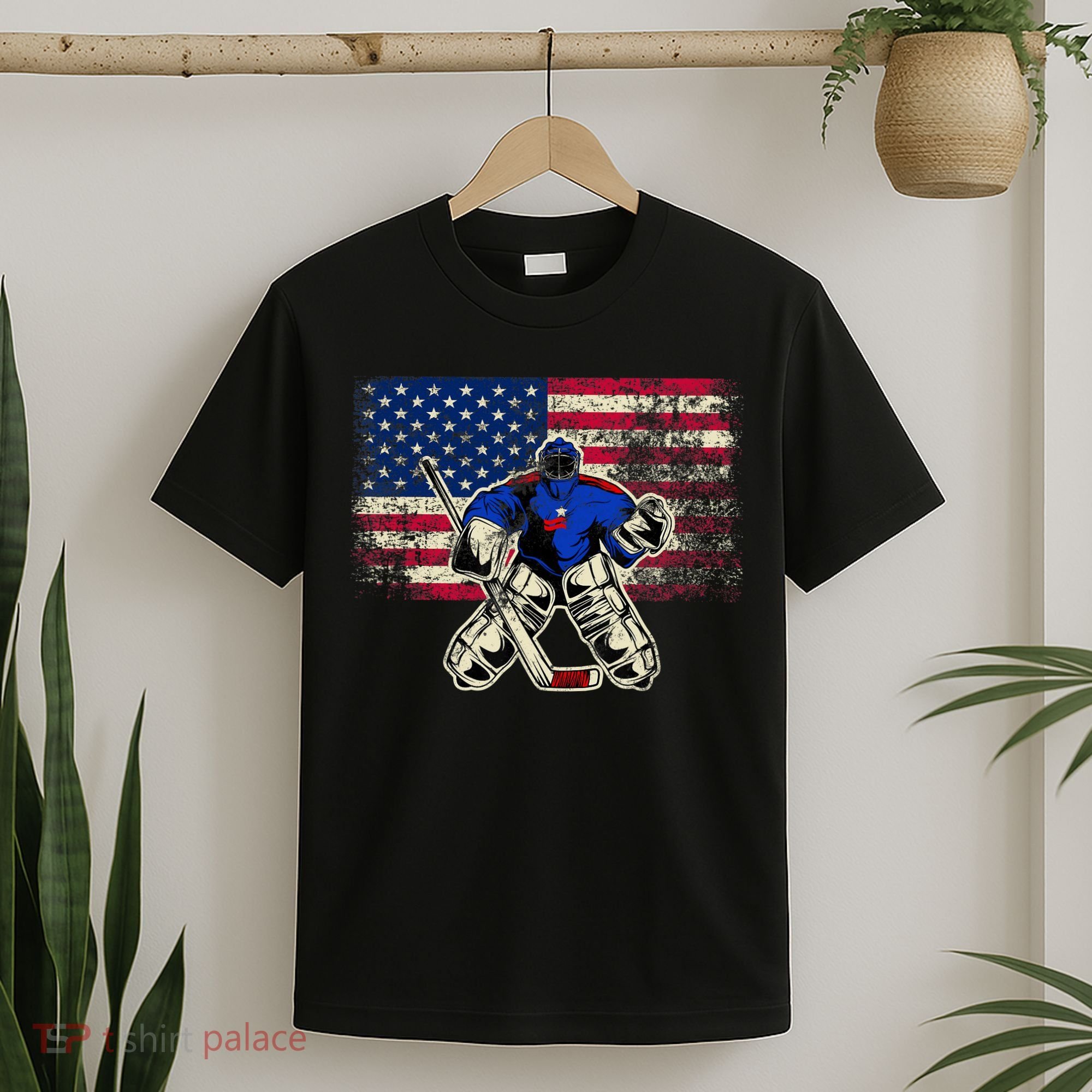 Vintage Ice Hockey Goalie USA Flag Gift For Goalie T-Shirt