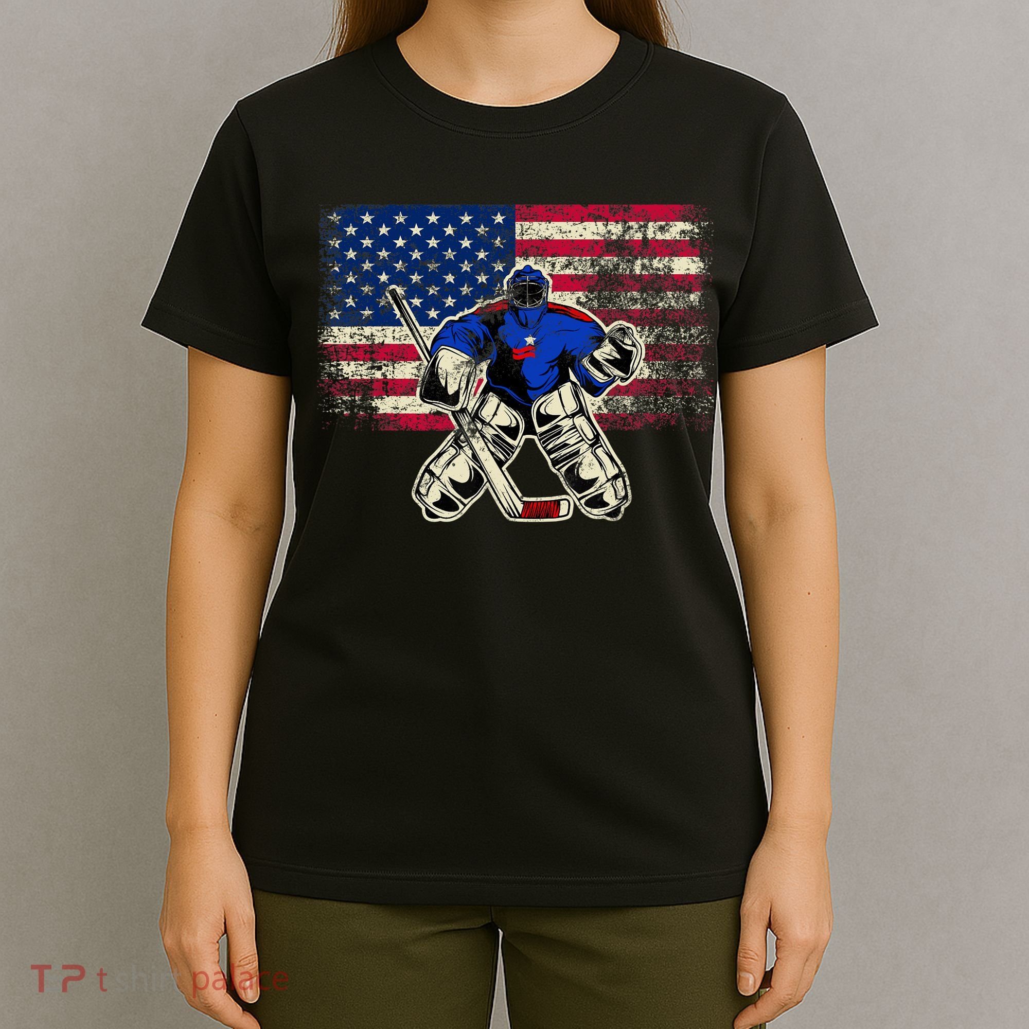Vintage Ice Hockey Goalie USA Flag Gift For Goalie T-Shirt