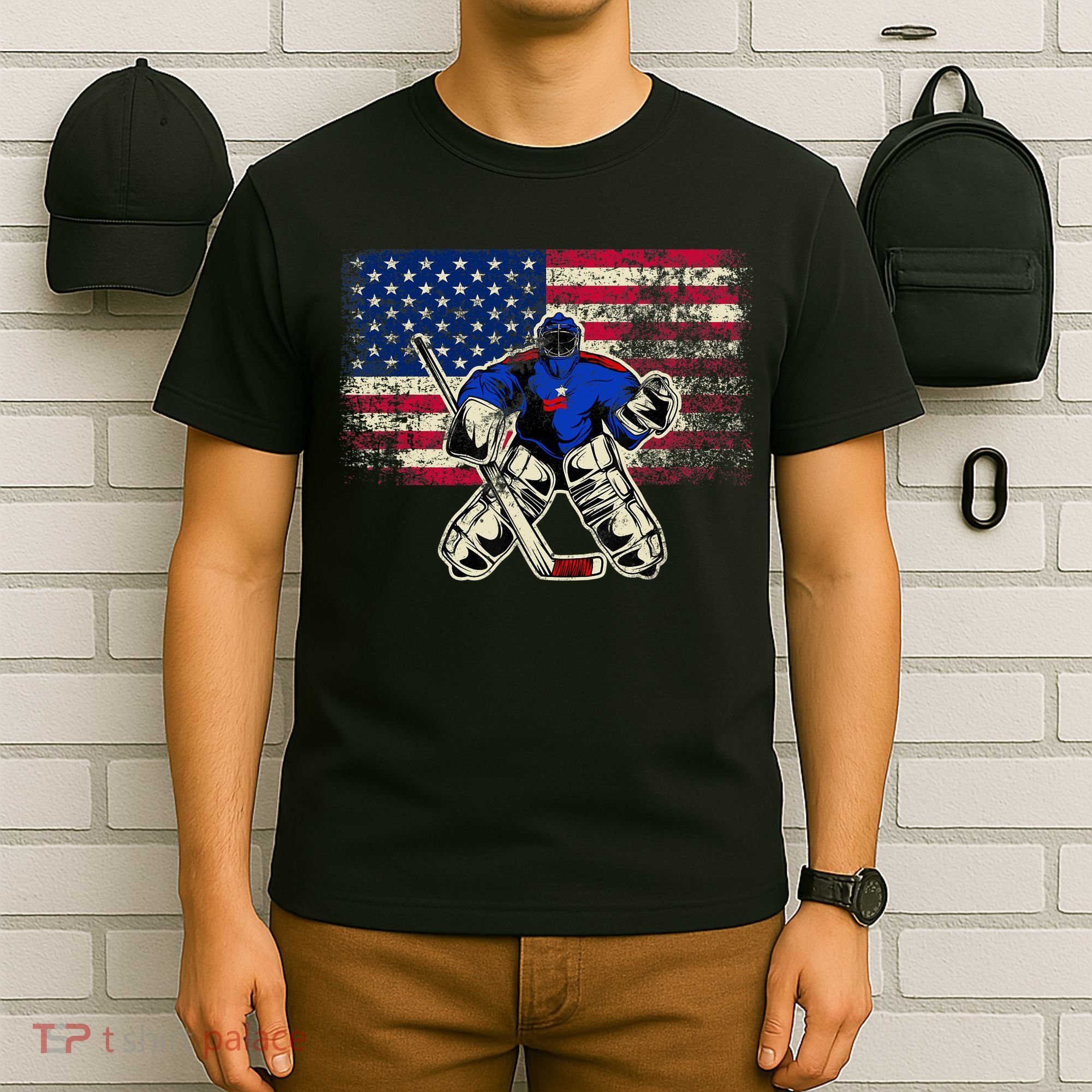Vintage Ice Hockey Goalie USA Flag Gift For Goalie T-Shirt