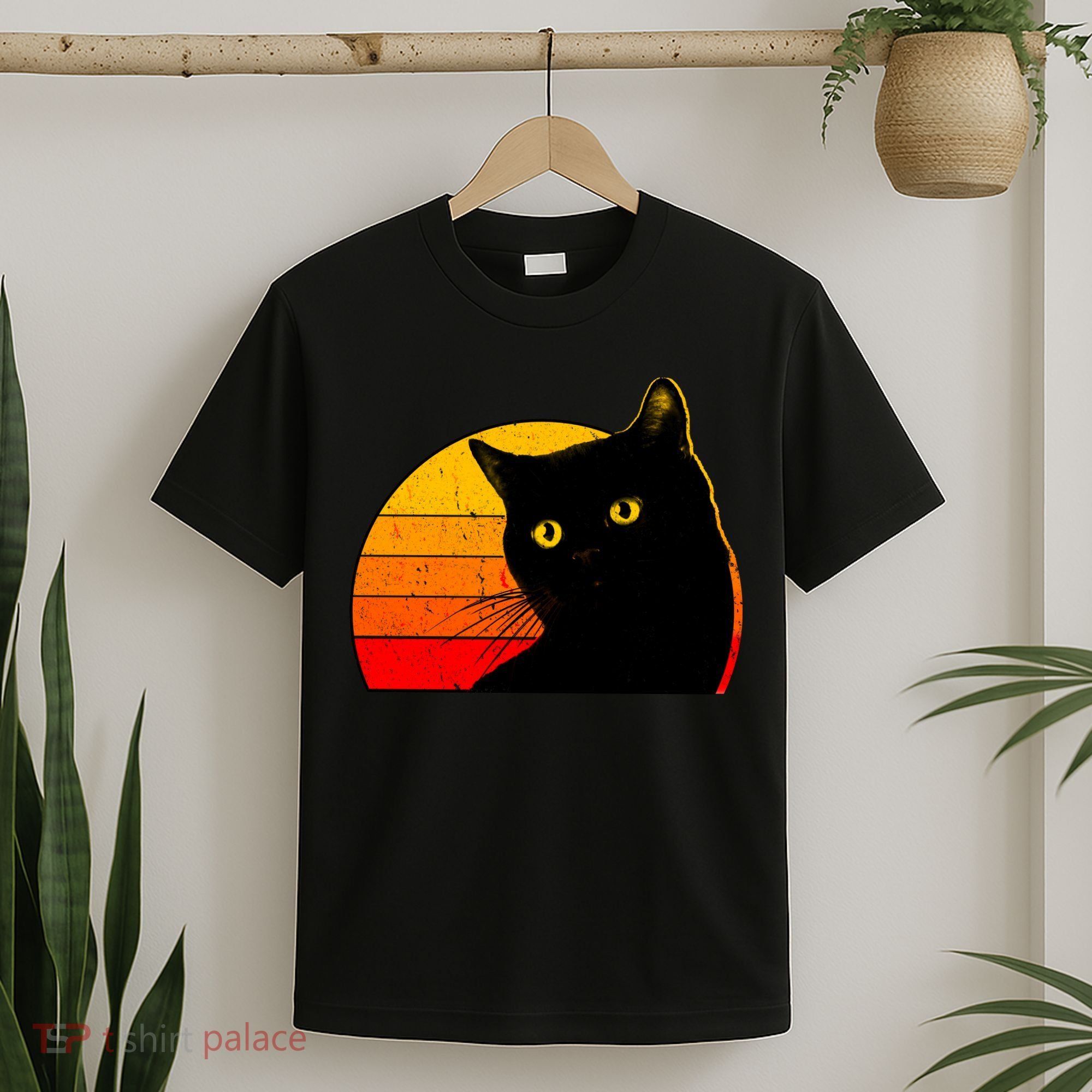 Vintage 80's Style Black Cat Retro Sun T-Shirt