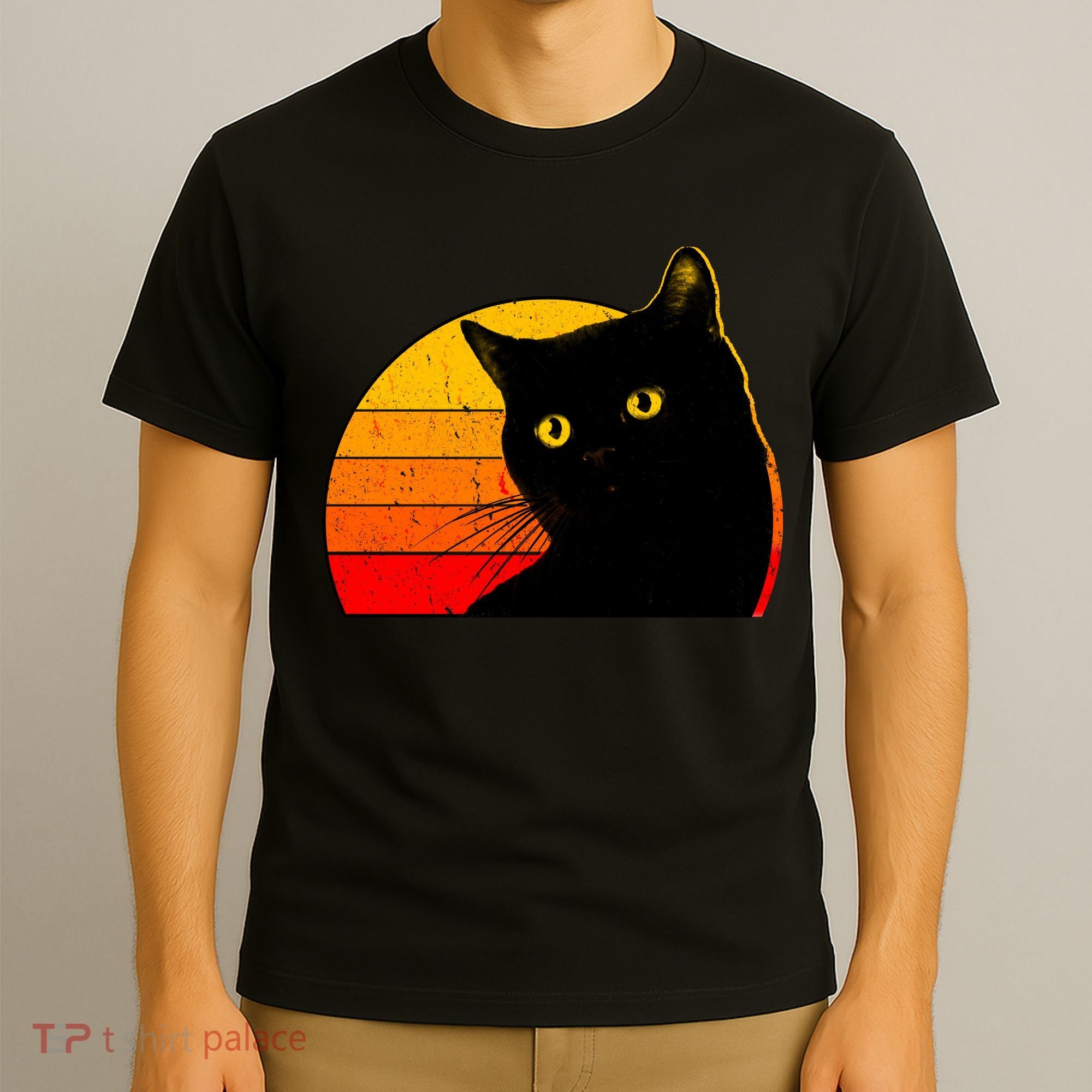 Vintage 80's Style Black Cat Retro Sun T-Shirt