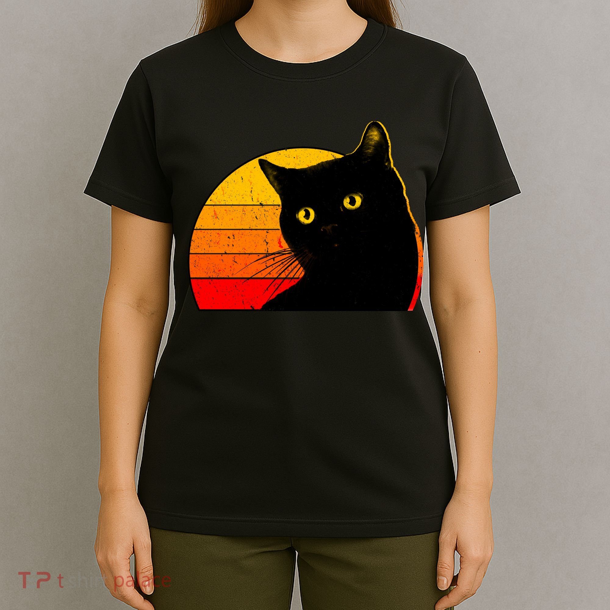 Vintage 80's Style Black Cat Retro Sun T-Shirt
