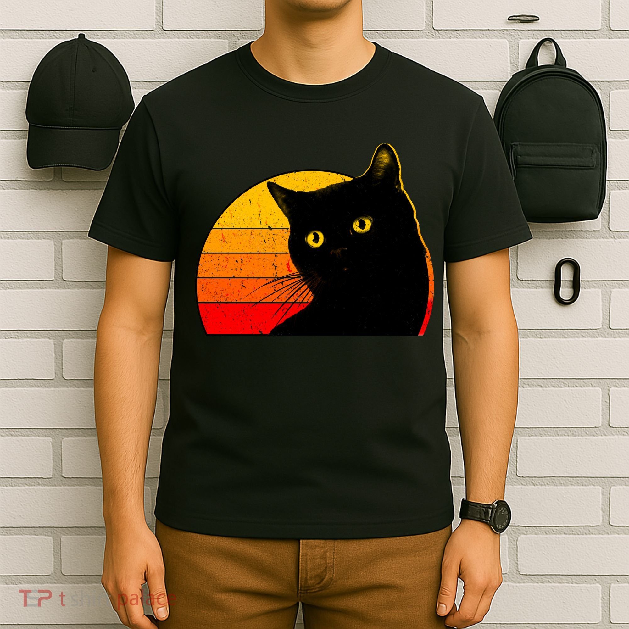 Vintage 80's Style Black Cat Retro Sun T-Shirt
