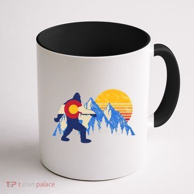 Vintage Bigfoot Colorado Flag Retro Sun Mountains Coffee Mug back