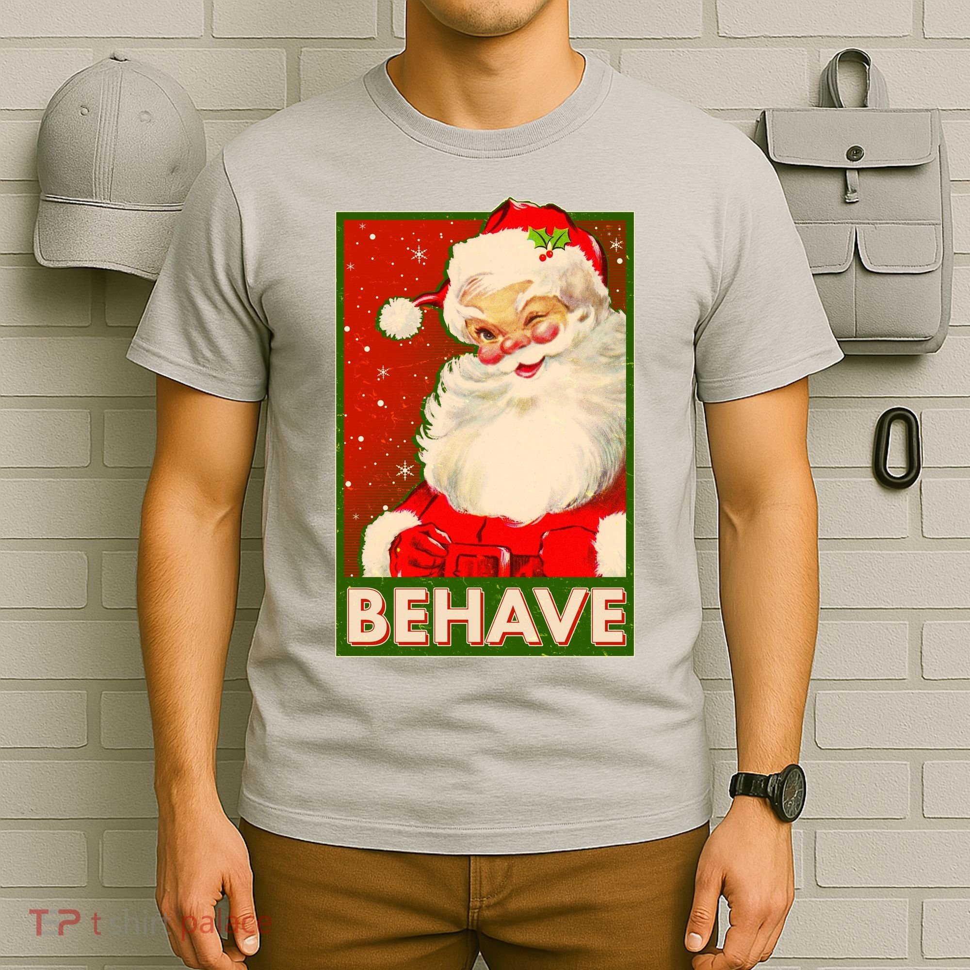 Vintage Christmas Behave Winking Santa Claus T-Shirt