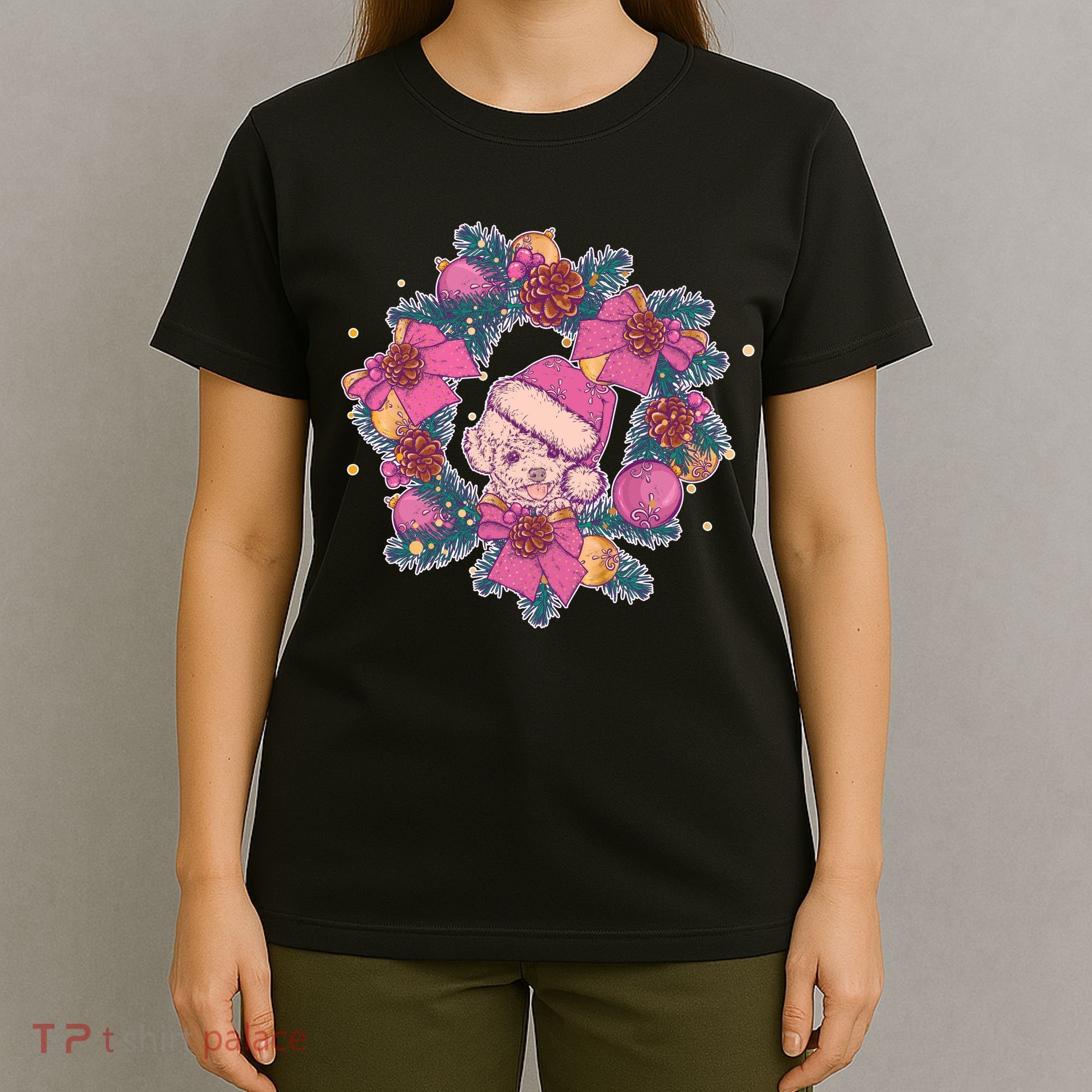 Vintage Christmas Poodle Pinecone Holly Wreath  T-Shirt