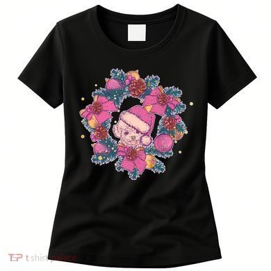 Vintage Christmas Poodle Pinecone Holly Wreath  Women's T-Shirt