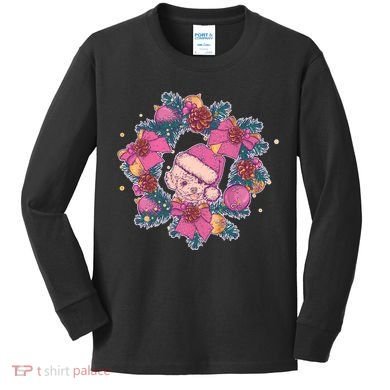 Vintage Christmas Poodle Pinecone Holly Wreath  Kids Long Sleeve Shirt
