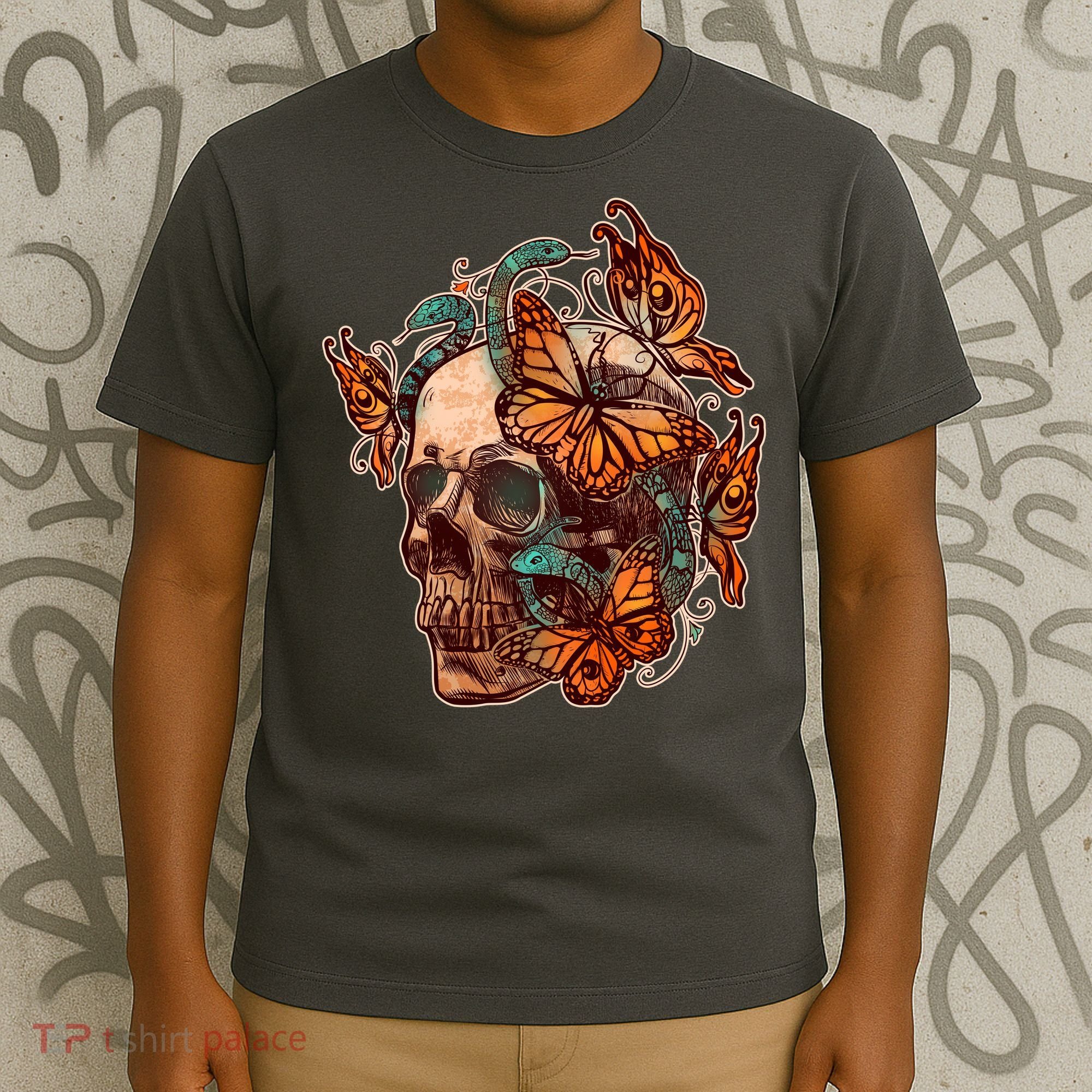 Vintage Graphic Skull Snakes And Butterflies  T-Shirt