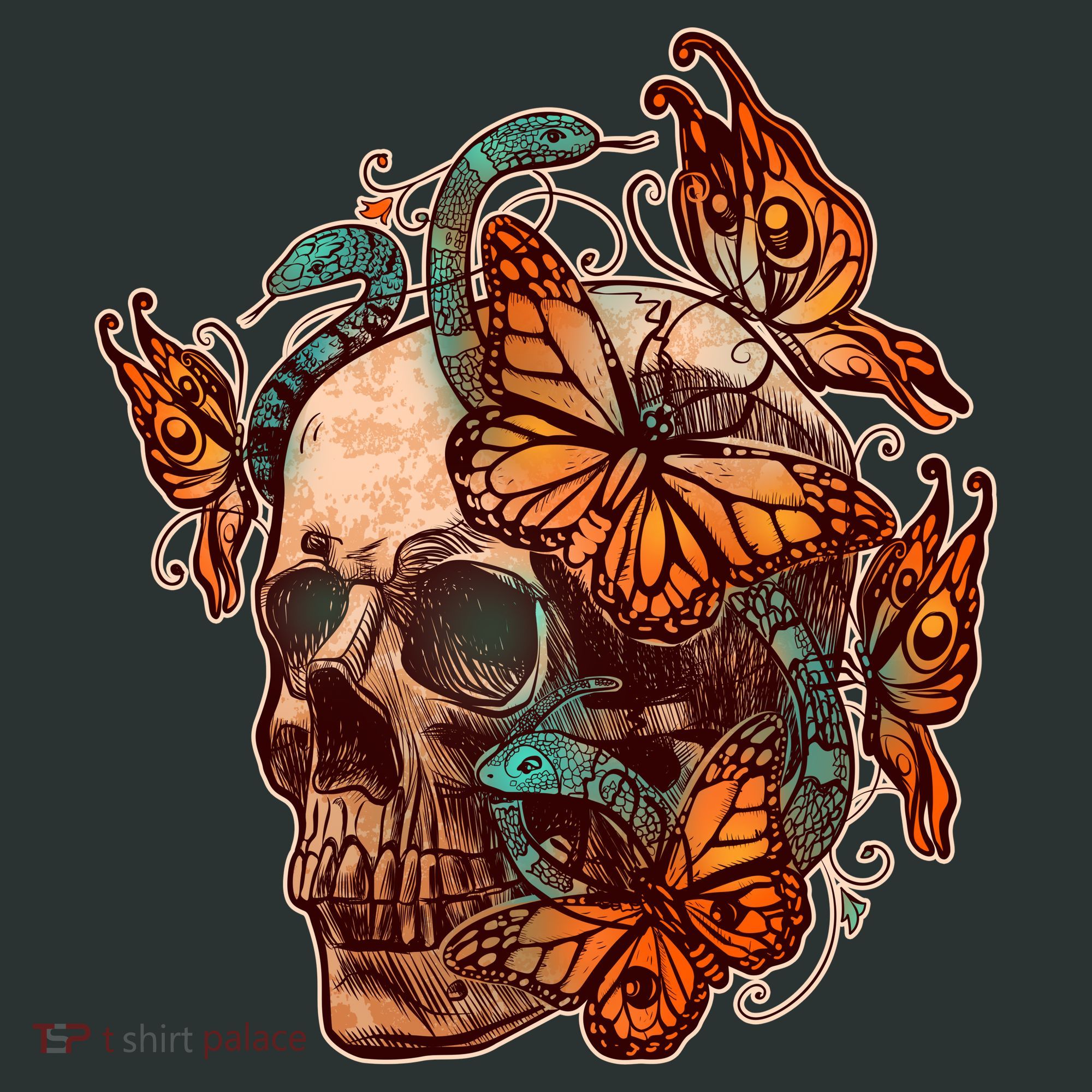 Vintage Graphic Skull Snakes And Butterflies  T-Shirt
