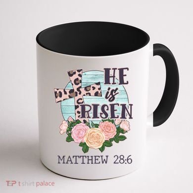 Vintage He is Risen Matthew 28:6 Floral Leopard Print Coffee Mug back