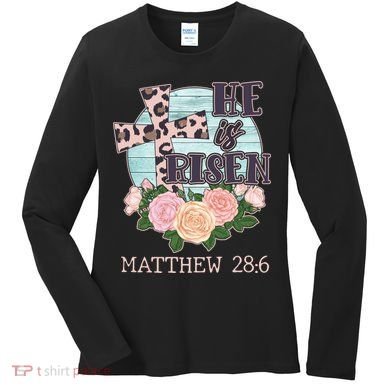 Vintage He is Risen Matthew 28:6 Floral Leopard Print Women's Long Sleeve Shirt