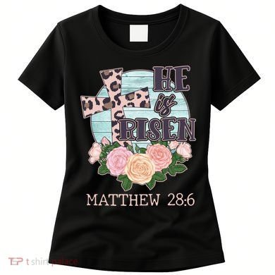 Vintage He is Risen Matthew 28:6 Floral Leopard Print Women's T-Shirt