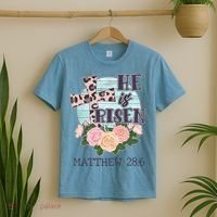 Vintage He is Risen Matthew 28:6 Floral Leopard Print T-Shirt thumb 2