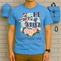 Vintage He is Risen Matthew 28:6 Floral Leopard Print T-Shirt thumb 5
