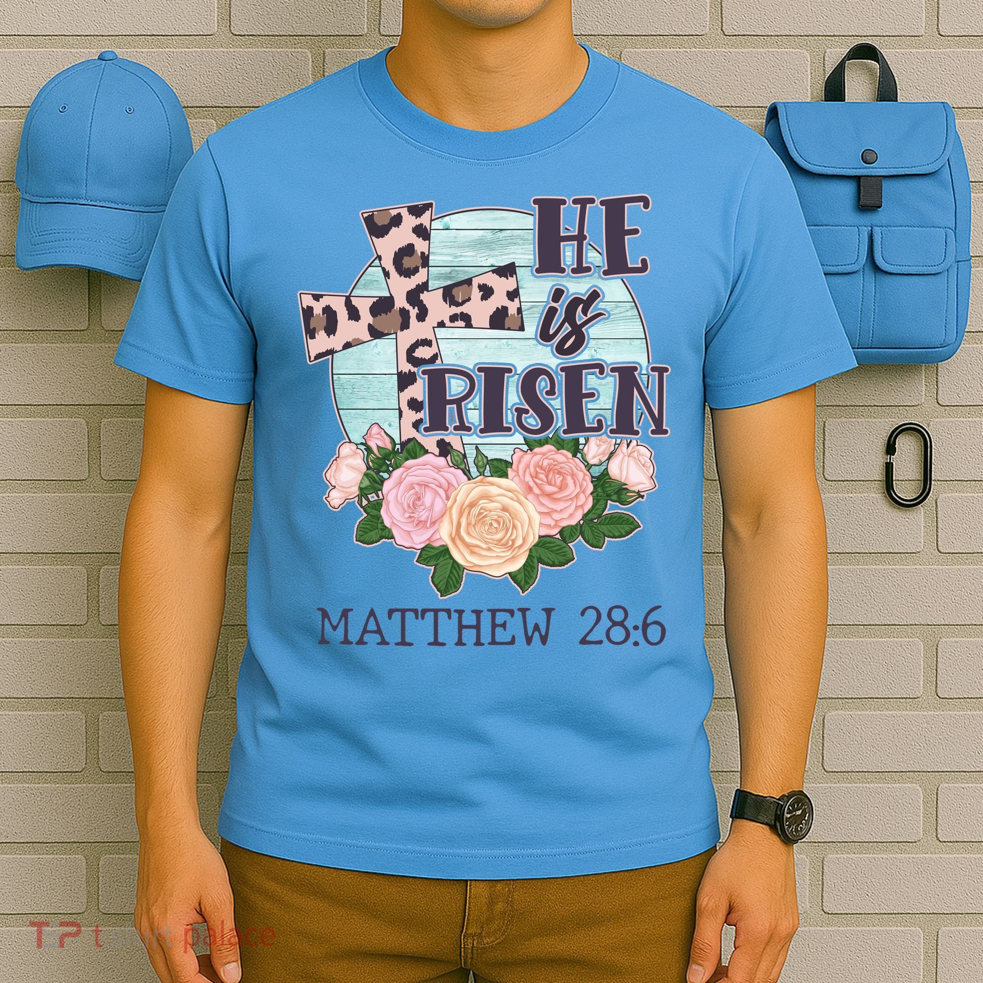 Vintage He is Risen Matthew 28:6 Floral Leopard Print T-Shirt
