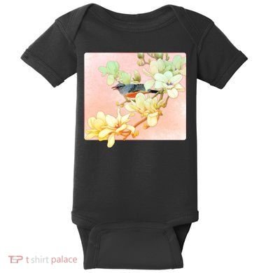 Vintage Japanese Bird Flowers  Baby Bodysuit