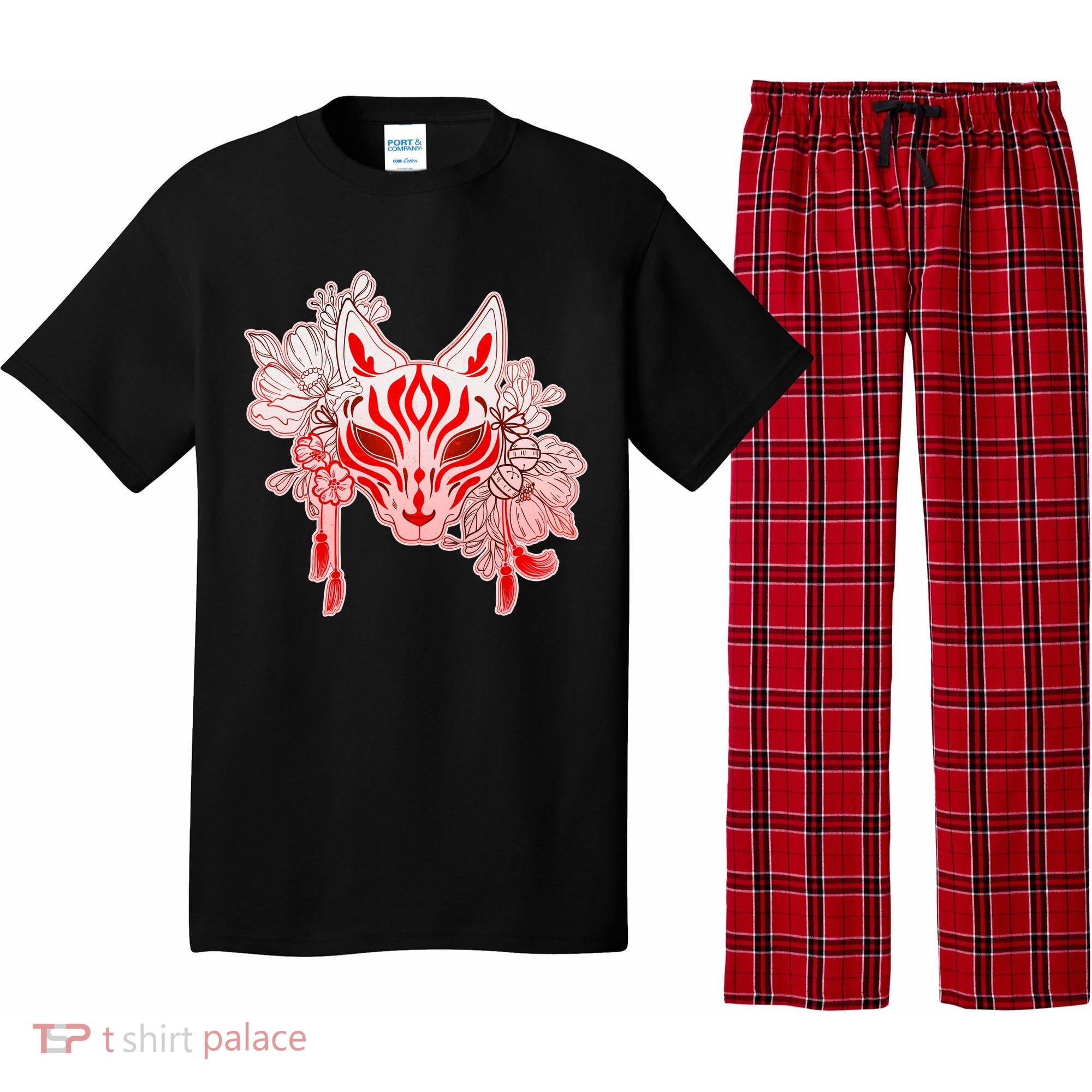 Vintage Japanese Fox Kitsune Mask and Flowers Pajama Set