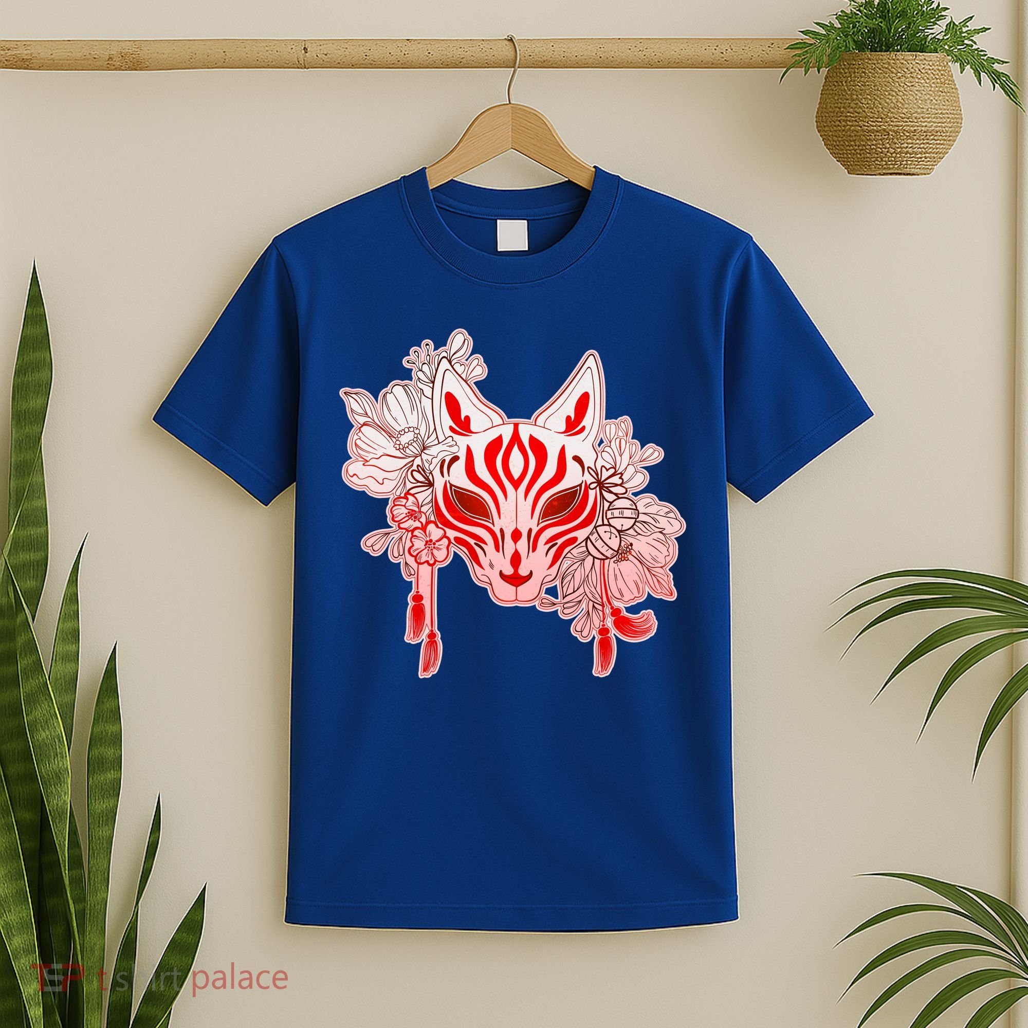 Vintage Japanese Fox Kitsune Mask and Flowers T-Shirt