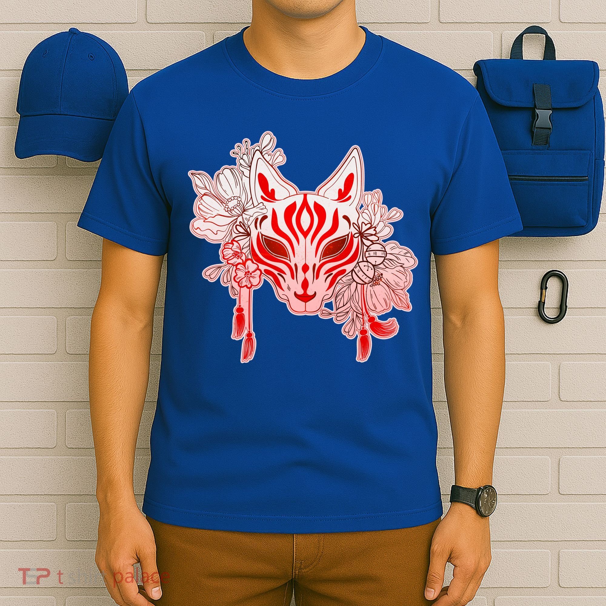 Vintage Japanese Fox Kitsune Mask and Flowers T-Shirt