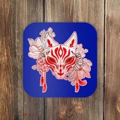 Vintage Japanese Fox Kitsune Mask and Flowers Coaster