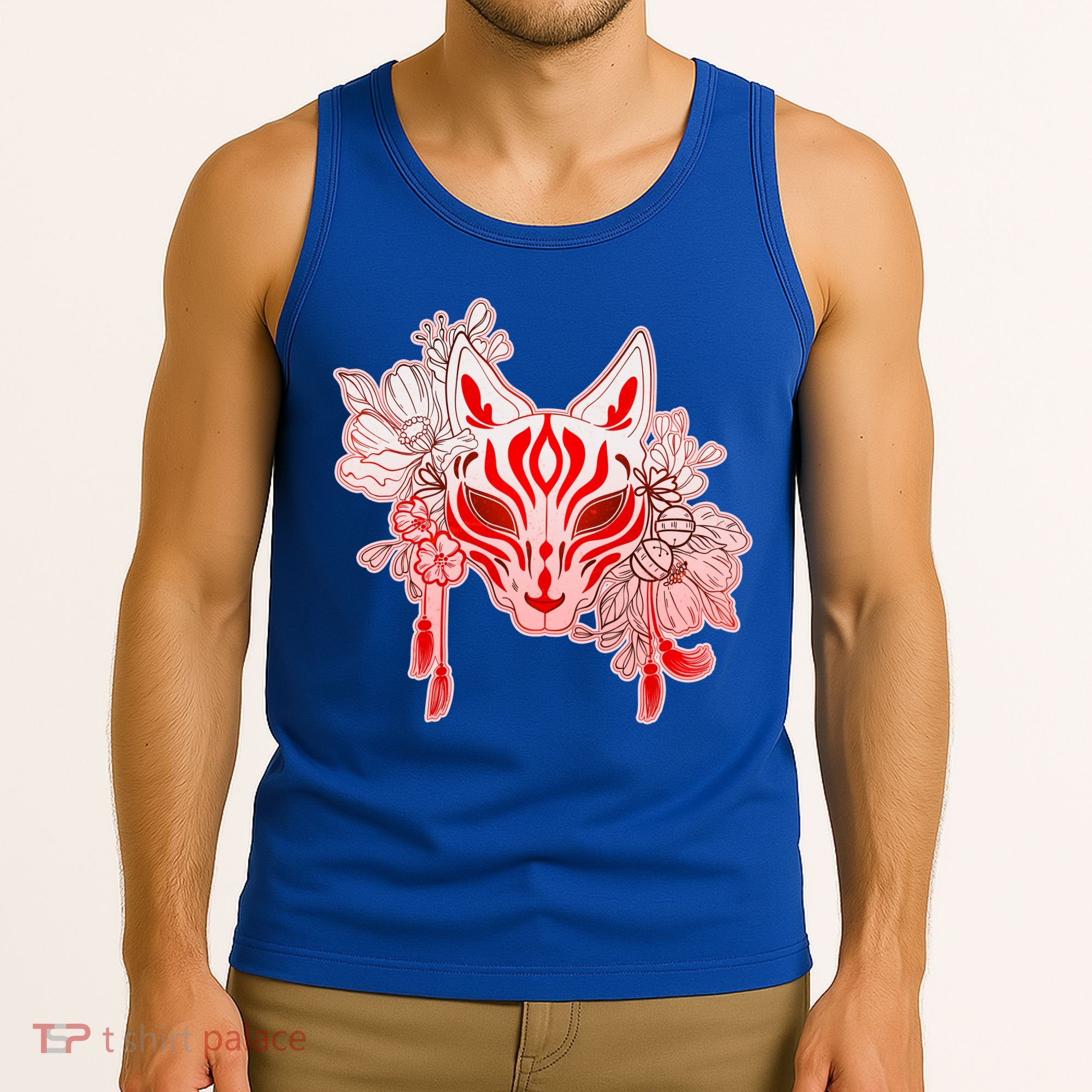 Vintage Japanese Fox Kitsune Mask and Flowers Tank Top