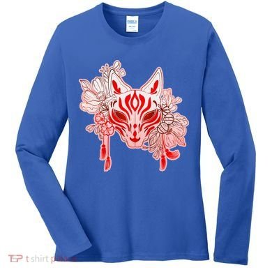 Vintage Japanese Fox Kitsune Mask and Flowers Women's Long Sleeve Shirt