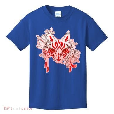 Vintage Japanese Fox Kitsune Mask and Flowers Kids T-Shirt