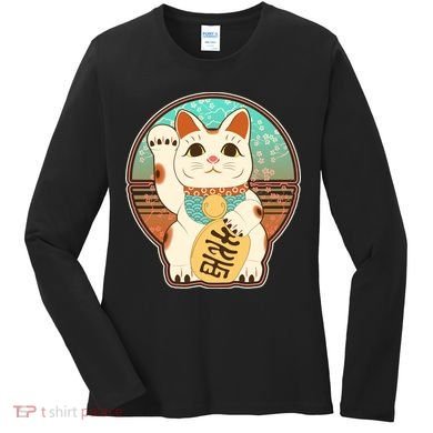 Vintage Japanese Maneki Neko Lucky Cat Women's Long Sleeve Shirt