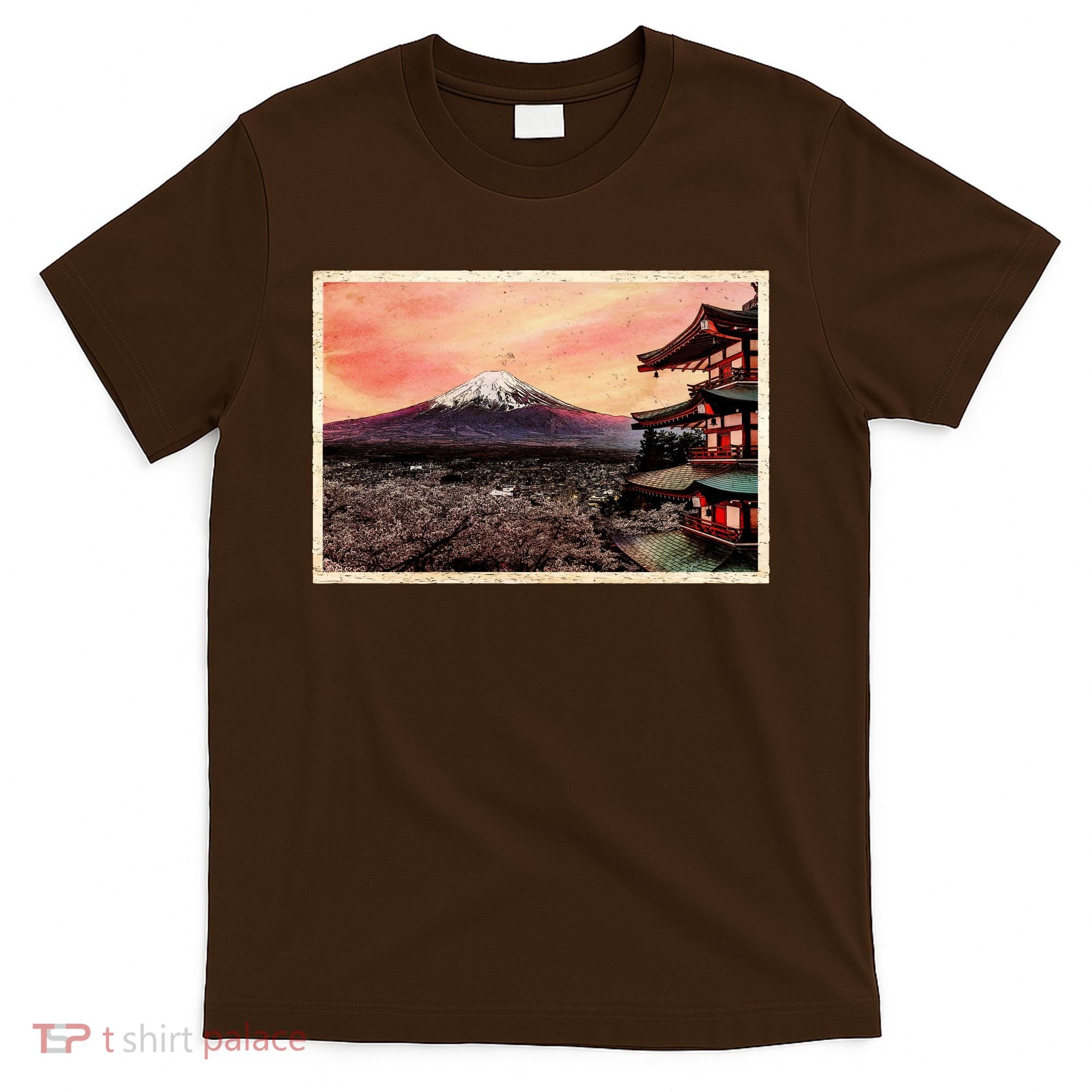 Vintage Japanese Mt. Fuji Pagoda and Cherry Blossoms T-Shirt