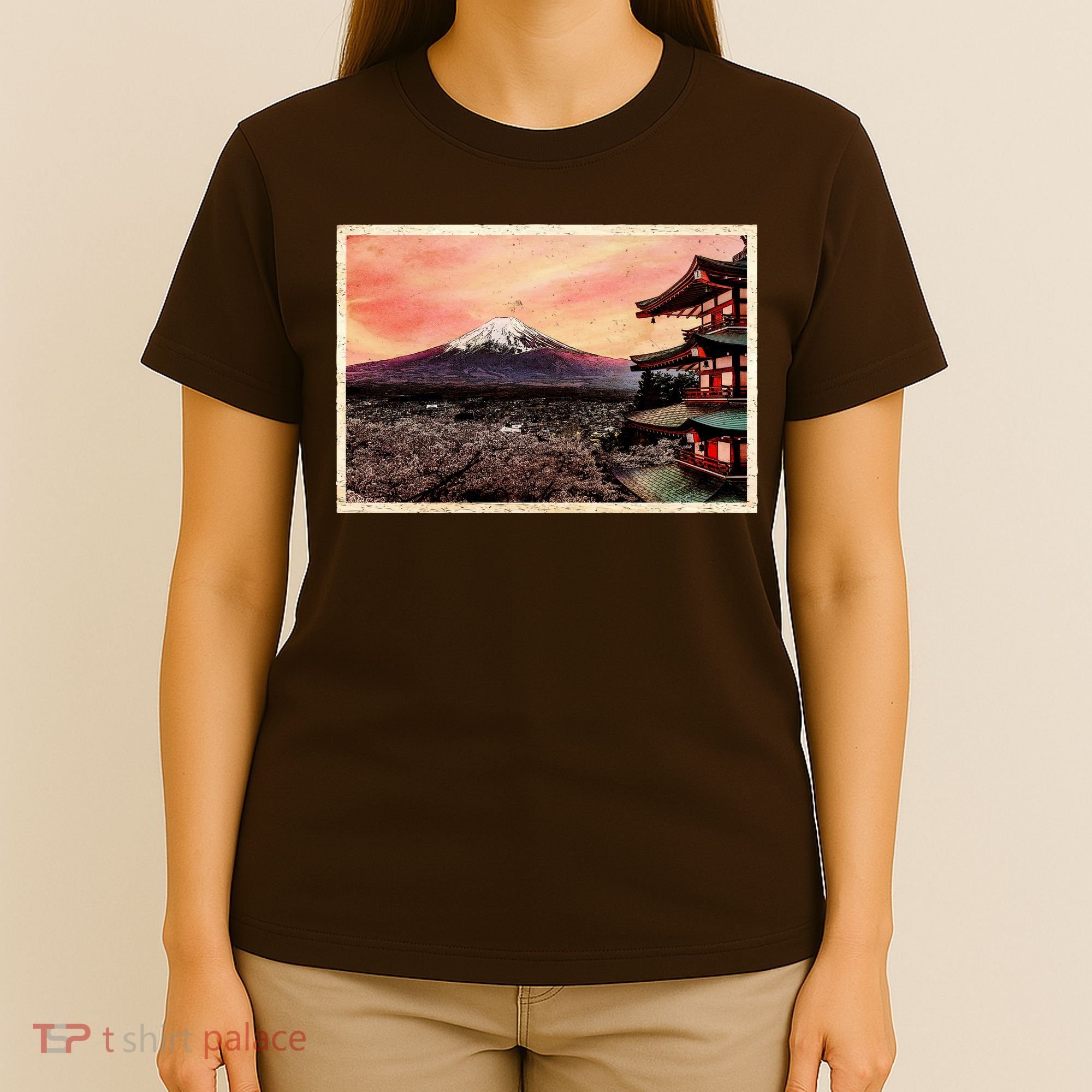 Vintage Japanese Mt. Fuji Pagoda and Cherry Blossoms T-Shirt