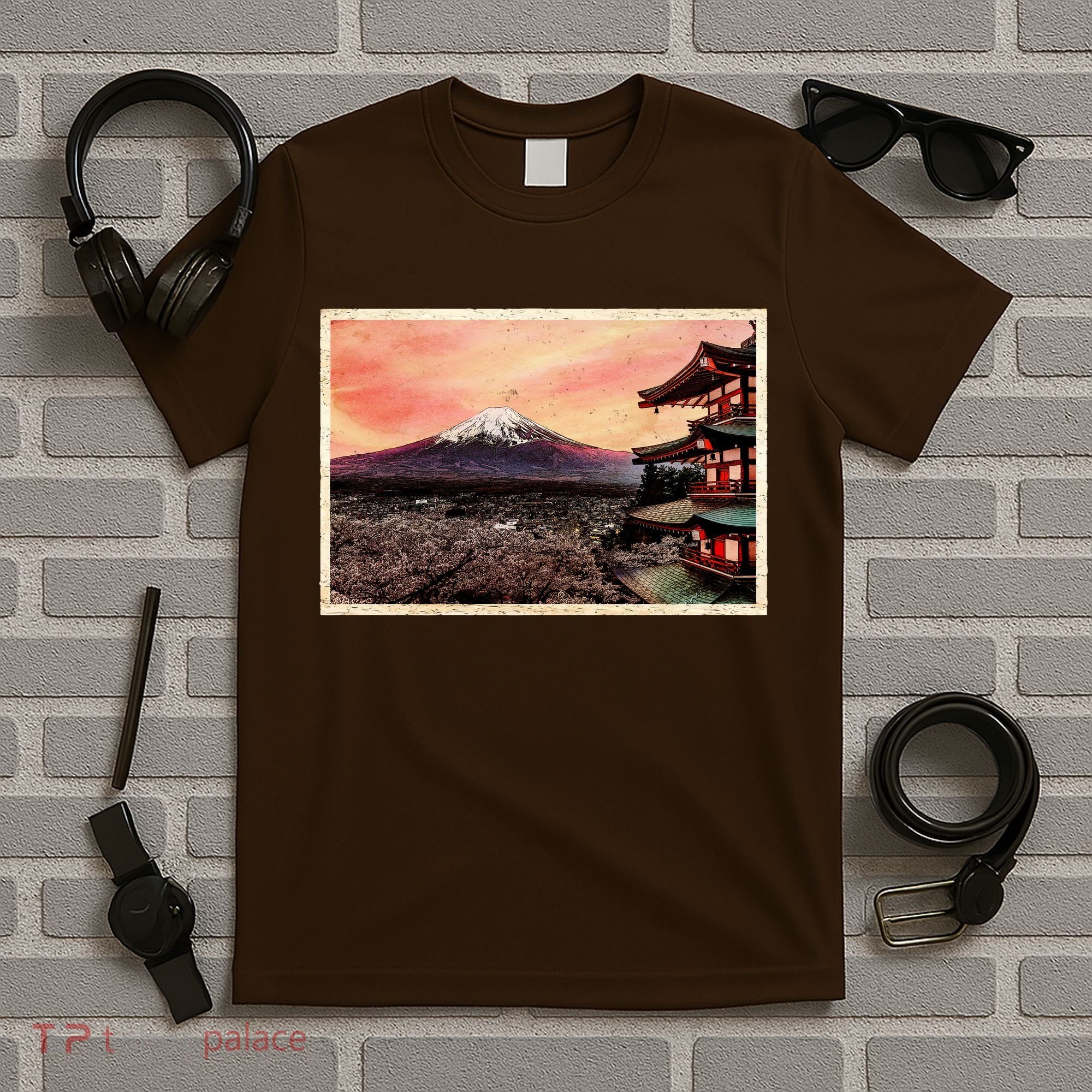 Vintage Japanese Mt. Fuji Pagoda and Cherry Blossoms T-Shirt