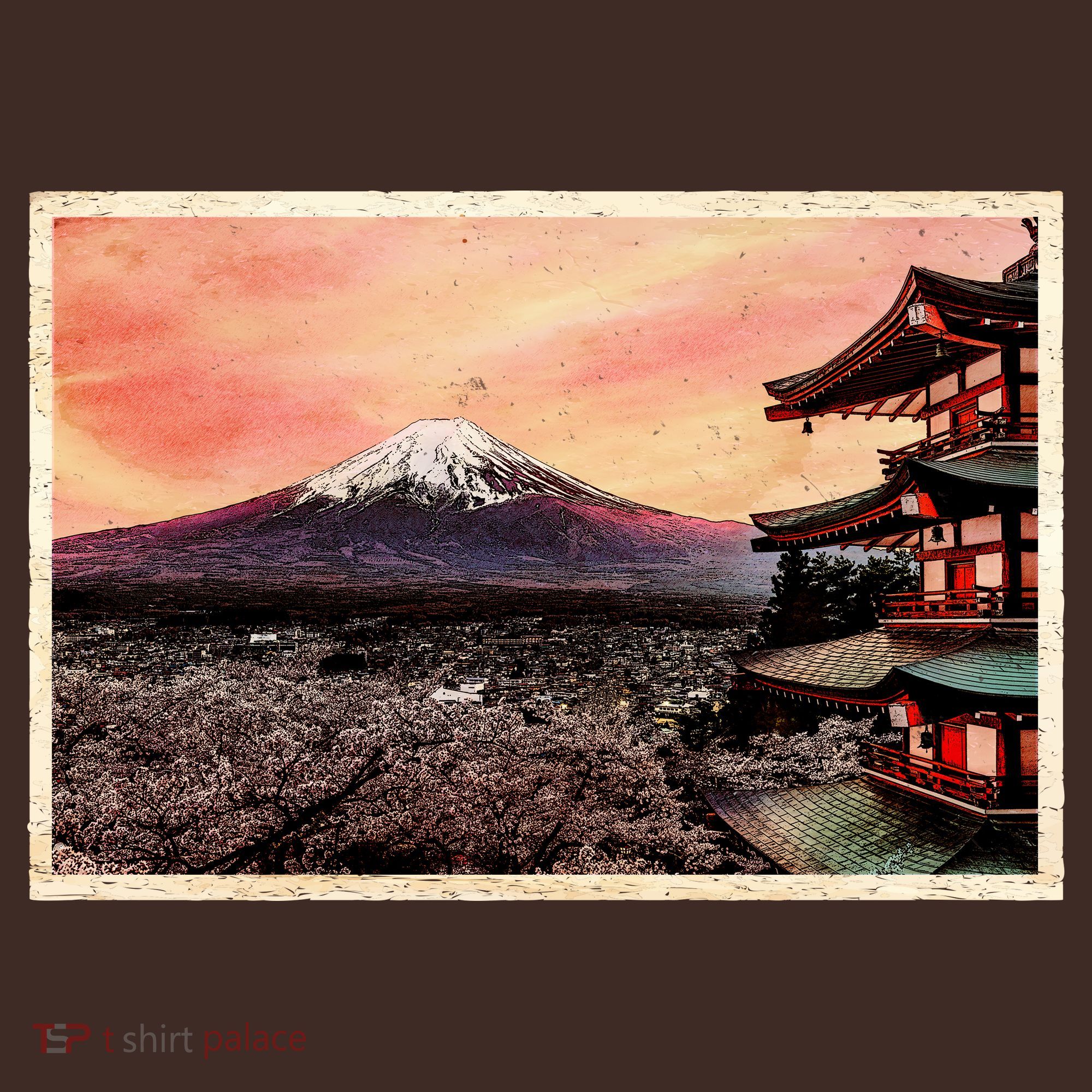 Vintage Japanese Mt. Fuji Pagoda and Cherry Blossoms T-Shirt