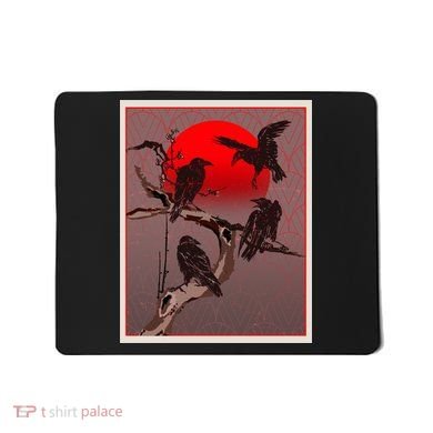 Vintage Japanese Raven Crow Red Moon Mousepad