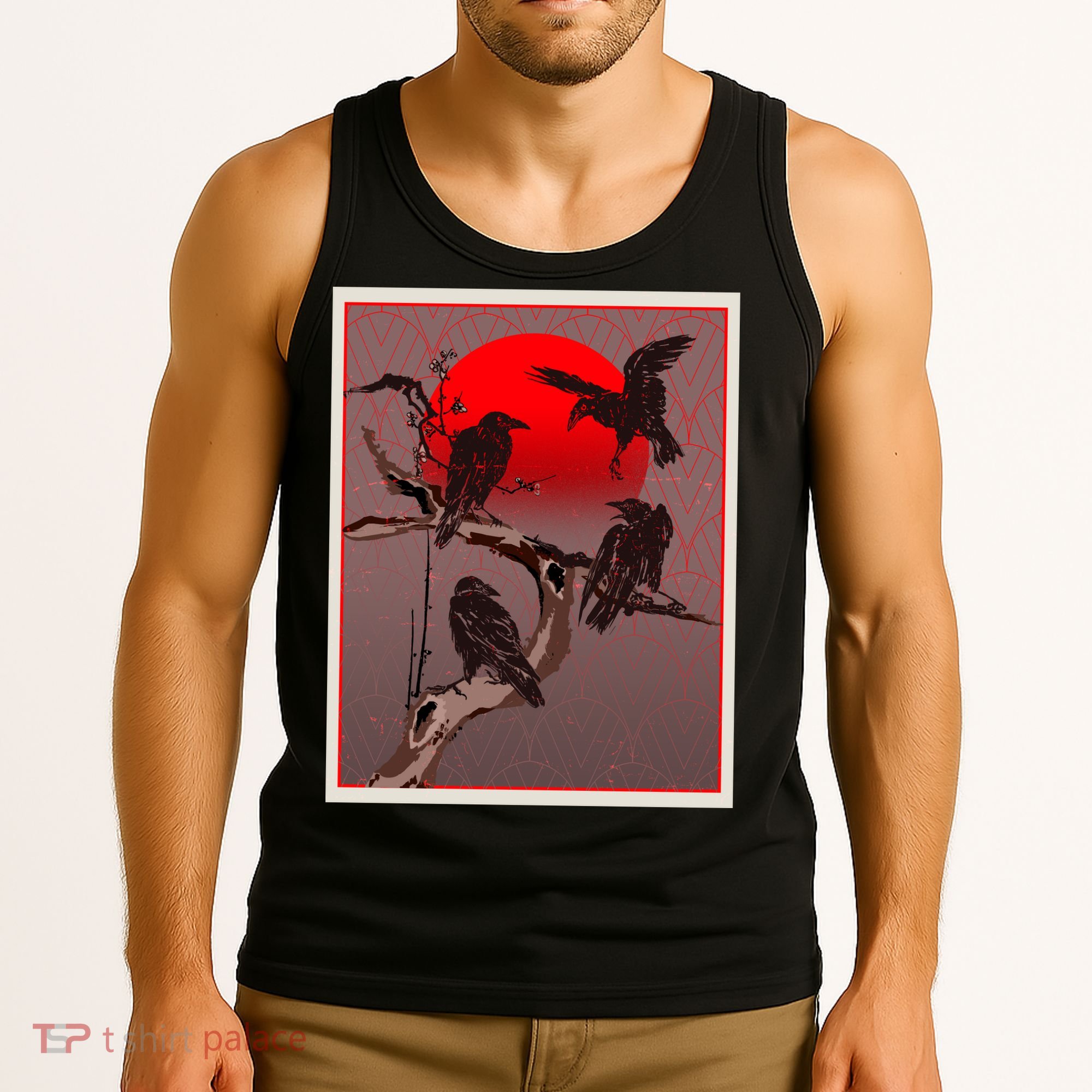 Vintage Japanese Raven Crow Red Moon Tank Top