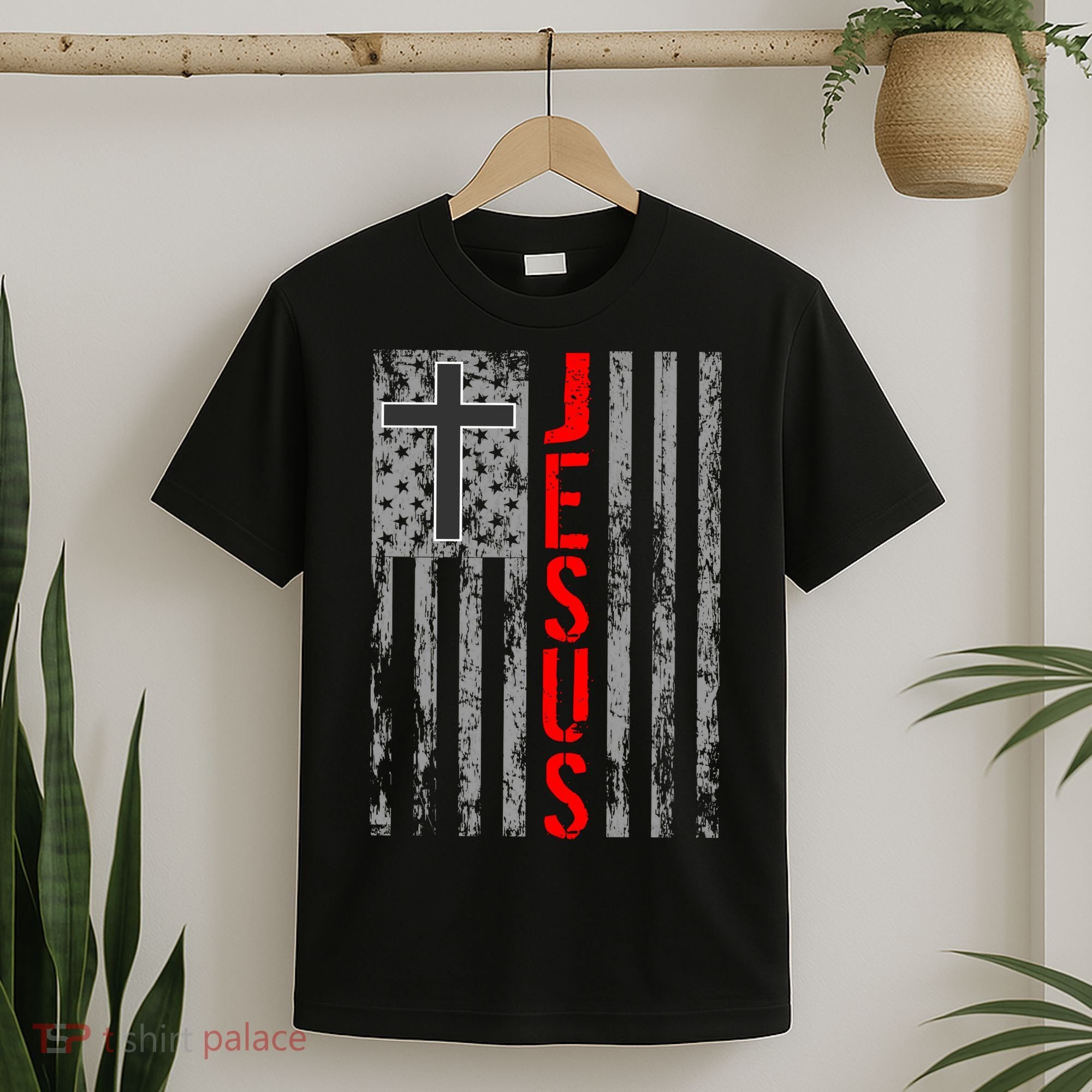 Vintage Jesus USA American Flag Catholic Christion Cross T-Shirt