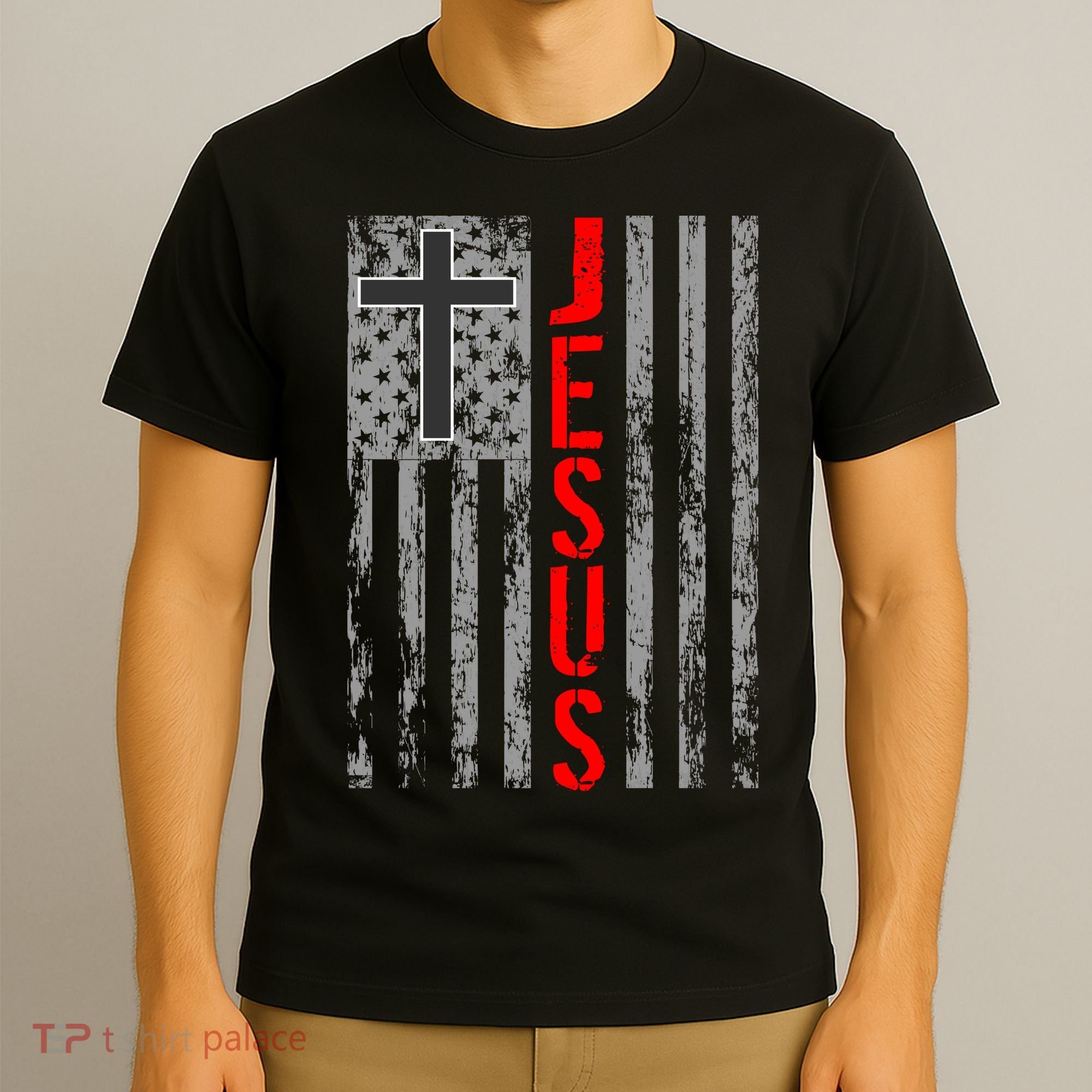 Vintage Jesus USA American Flag Catholic Christion Cross T-Shirt