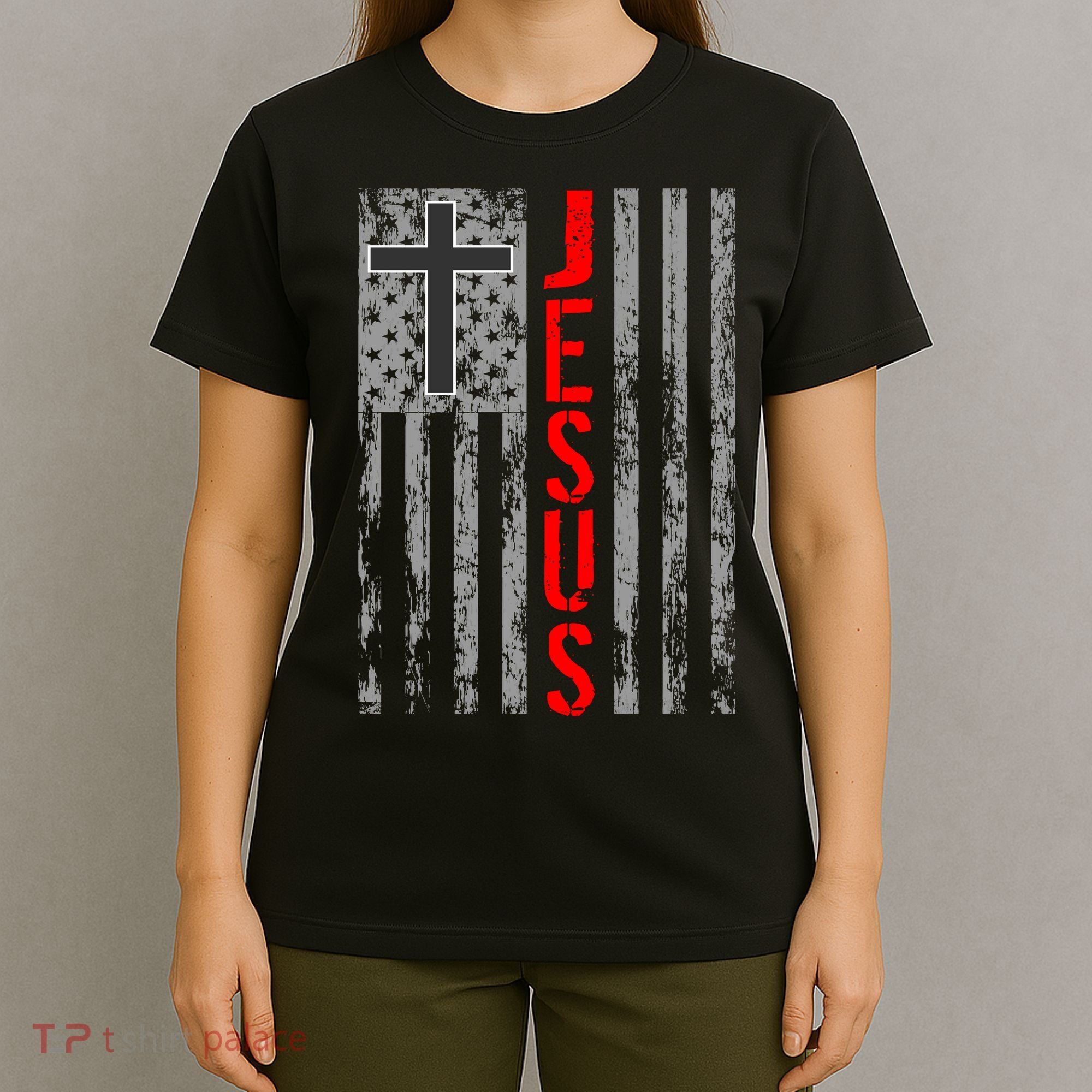 Vintage Jesus USA American Flag Catholic Christion Cross T-Shirt