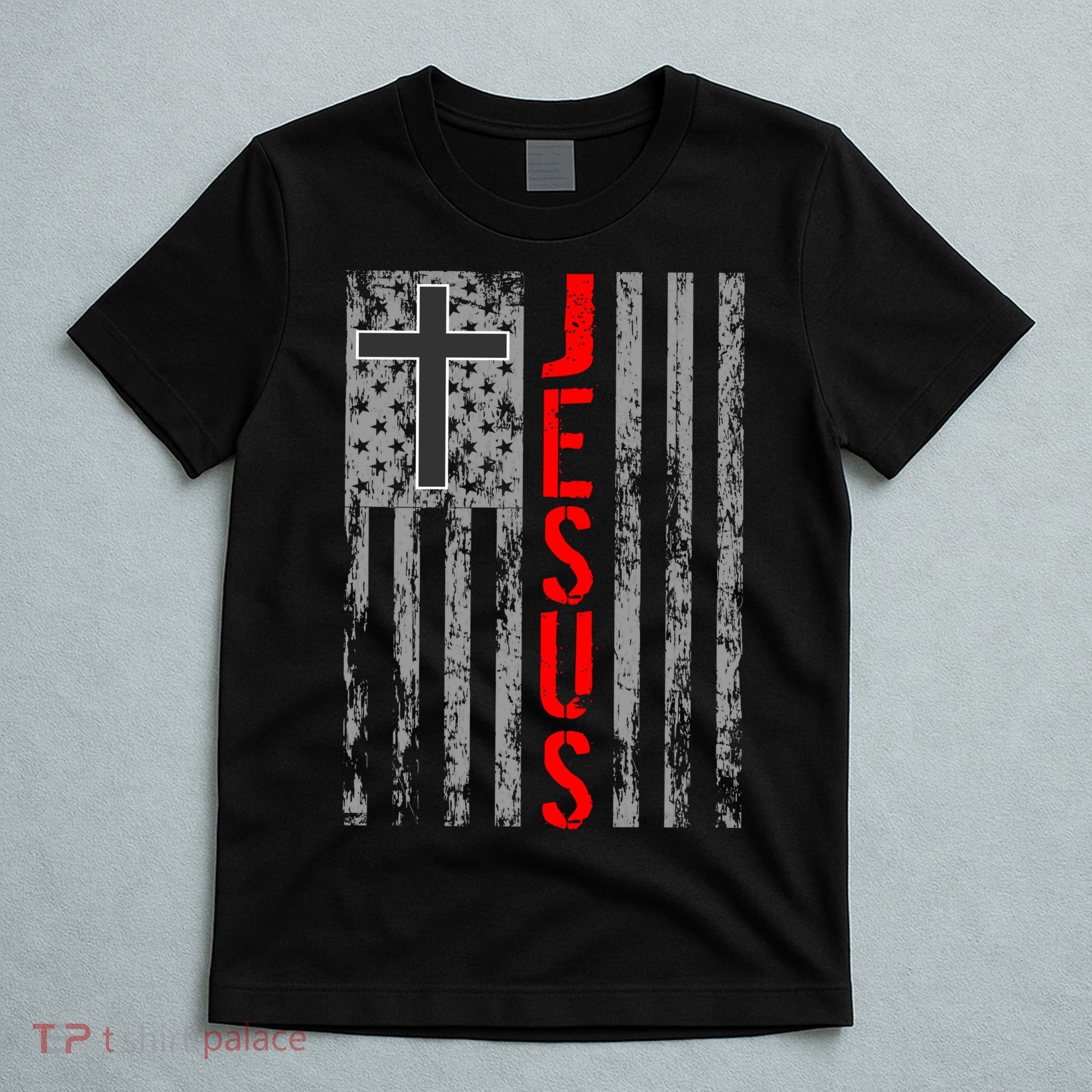 Vintage Jesus USA American Flag Catholic Christion Cross T-Shirt