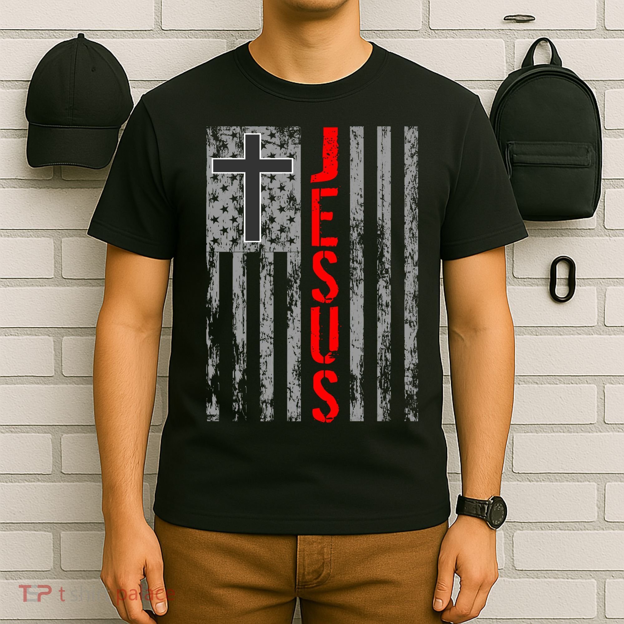 Vintage Jesus USA American Flag Catholic Christion Cross T-Shirt