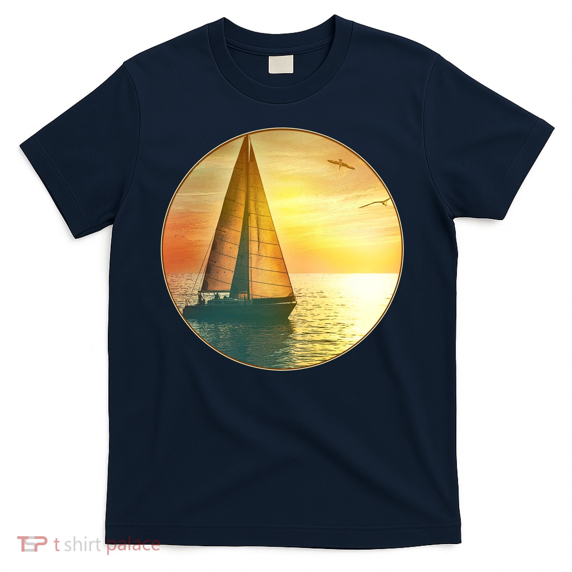 Vintage Ocean Sunset Sailboat Scene T-Shirt