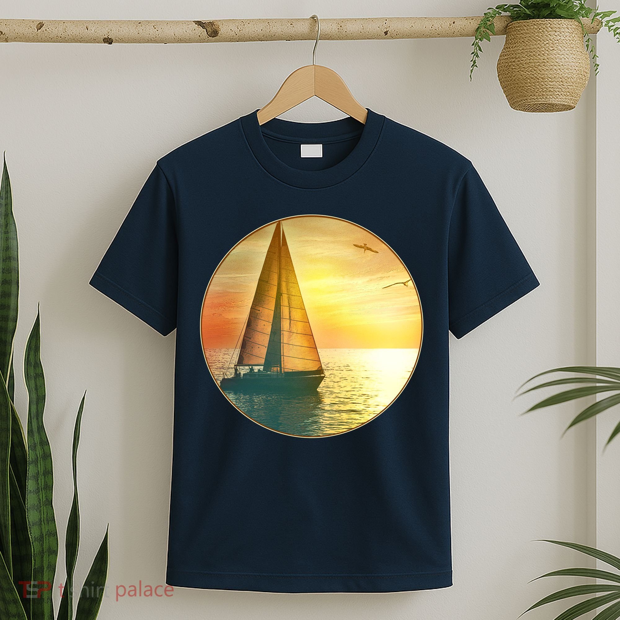 Vintage Ocean Sunset Sailboat Scene T-Shirt
