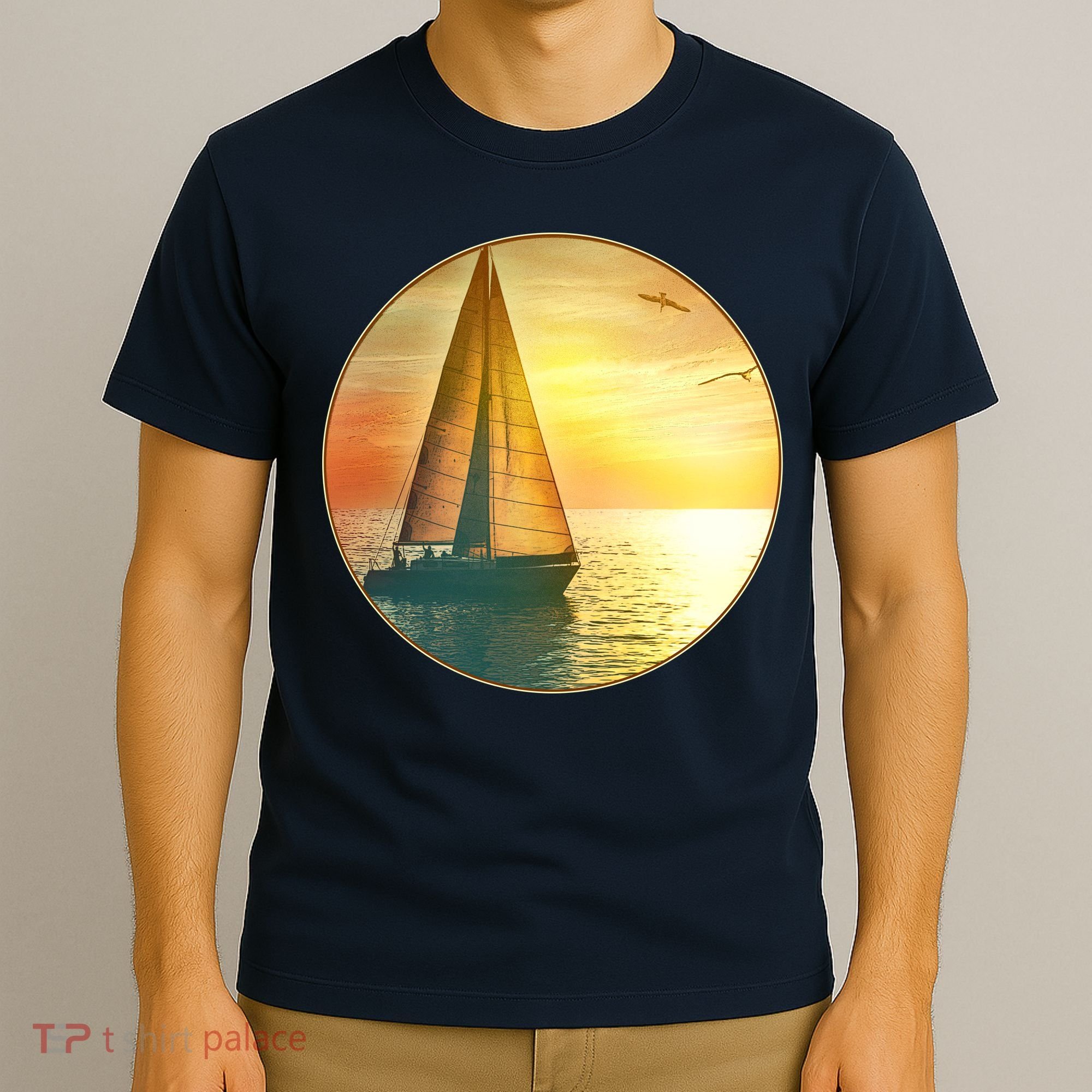 Vintage Ocean Sunset Sailboat Scene T-Shirt